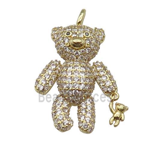 copper Bear charm pendant pave zircon, gold plated