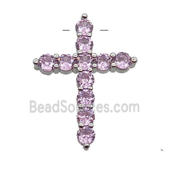 copper Cross pendant pave zircon, pink, platinum plated