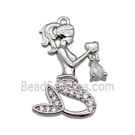 copper Mermaid charm pendant pave zircon, platinum plated