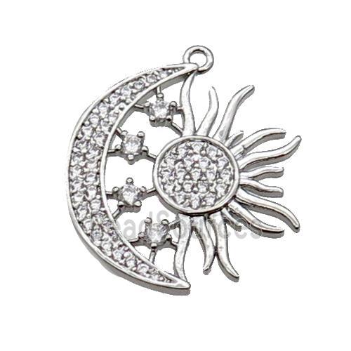 copper Sun moon pendant pave zircon, platinum plated