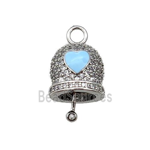 copper Bell pendant pave zircon, blue enamel, platinum plated