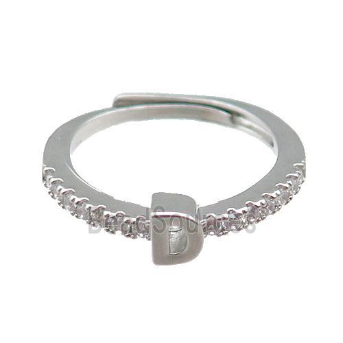 copper Ring pave zircon, letter-D, adjustable, platinum plated