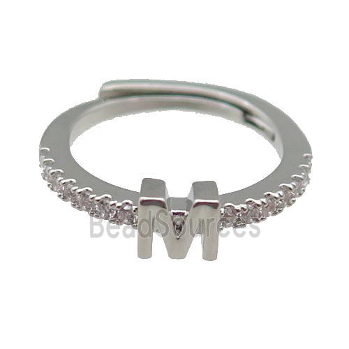 copper Ring pave zircon, letter-M, adjustable, platinum plated