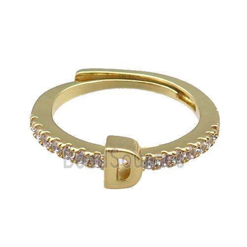 copper Ring pave zircon, letter-D, adjustable, gold plated