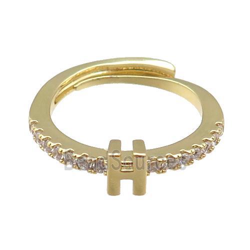 copper Ring pave zircon, letter-H, adjustable, gold plated