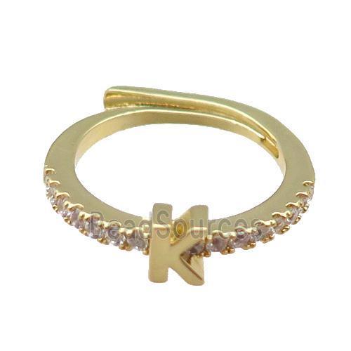 copper Ring pave zircon, letter-K, adjustable, gold plated