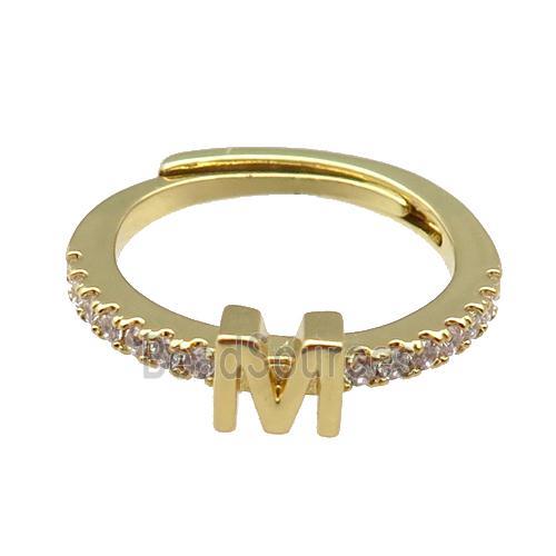 copper Ring pave zircon, letter-M, adjustable, gold plated