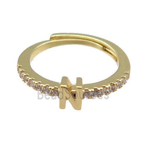 copper Ring pave zircon, letter-N, adjustable, gold plated