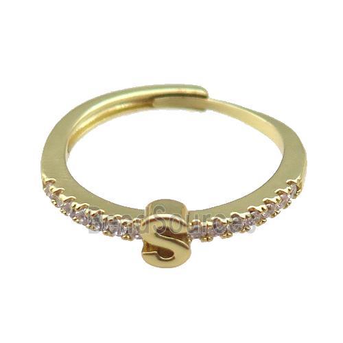 copper Ring pave zircon, letter-S, adjustable, gold plated