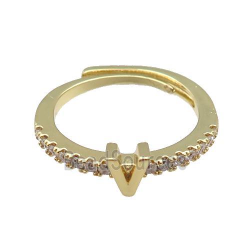 copper Ring pave zircon, letter-V, adjustable, gold plated