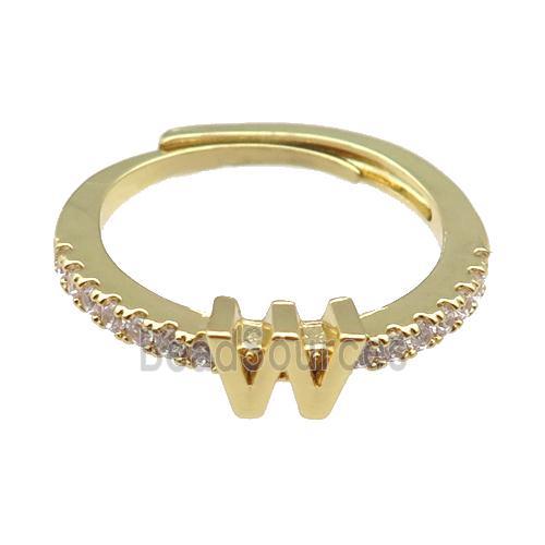 copper Ring pave zircon, letter-W, adjustable, gold plated