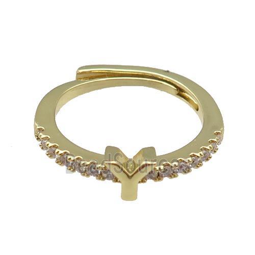 copper Ring pave zircon, letter-Y, adjustable, gold plated