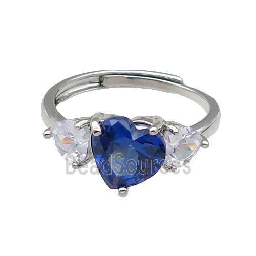 copper Heart Ring pave zircon blue adjustable platinum plated