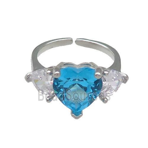 copper Heart Ring pave zircon aqua adjustable platinum plated