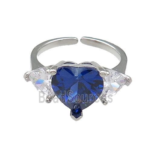 copper Heart Ring pave zircon blue adjustable platinum plated