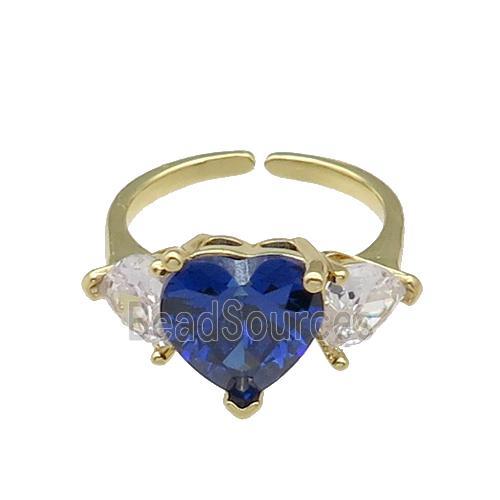 copper Heart Ring pave zircon blue adjustable gold plated