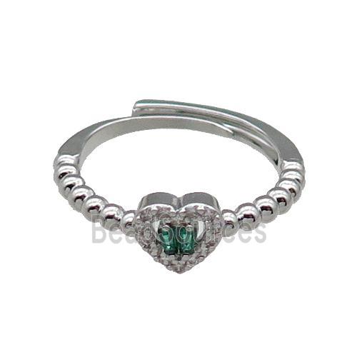 copper Heart Ring pave zircon green adjustable platinum plated