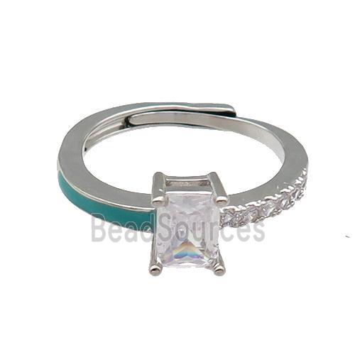 copper Ring pave zircon green enamel rectangle adjustable platinum plated