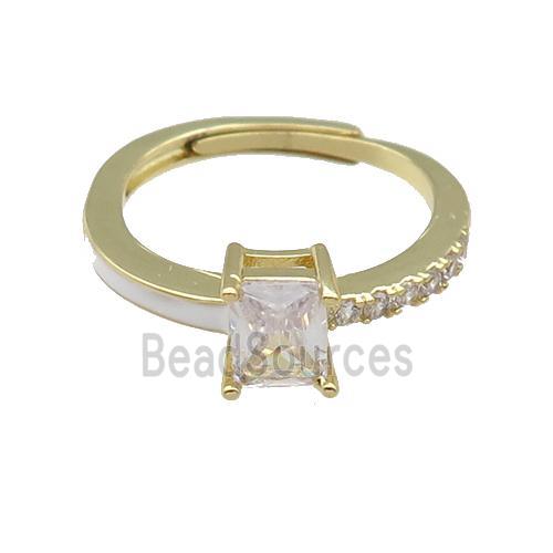 copper Ring pave zircon white enamel rectangle adjustable gold plated