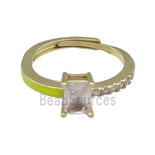 copper Ring pave zircon yellow enamel rectangle adjustable gold plated