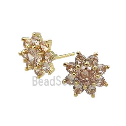 copper flower Stud Earring pave zircon champagne gold plated