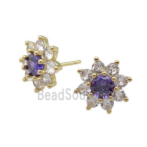 copper flower Stud Earring pave zircon purple gold plated