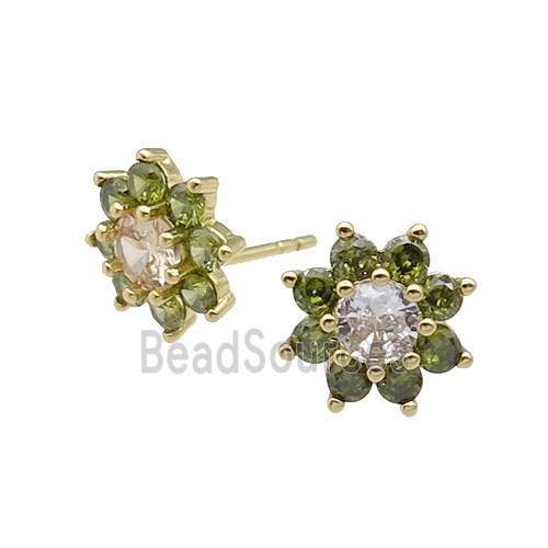 copper flower Stud Earring pave zircon olive gold plated