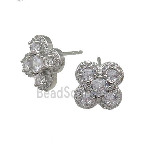 copper Clover Stud Earring pave zircon platinum plated