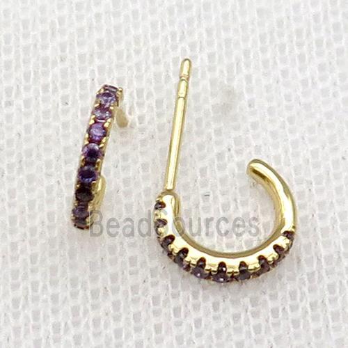 copper Stud Earrings pave purple zircon gold plated