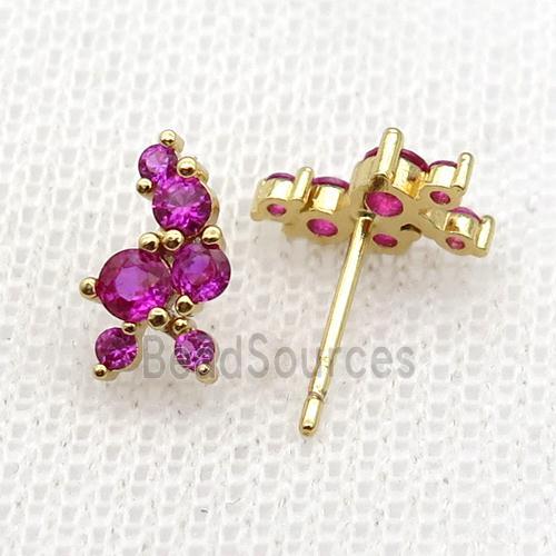 copper Stud Earrings pave hotpink zircon gold plated