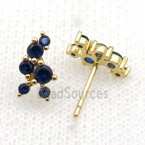 copper Stud Earrings pave blue zircon gold plated