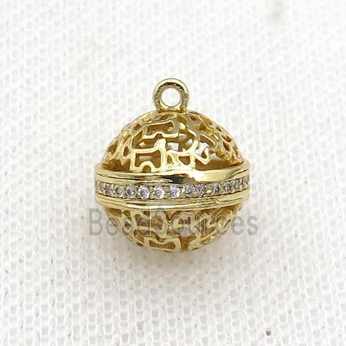 copper round ball pendant pave zircon hollow gold plated