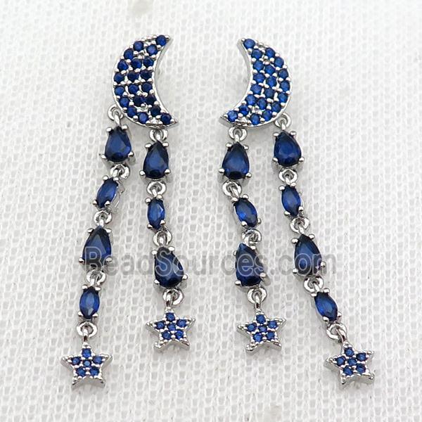 copper Moon Stud Earring pave blue zircon tassel platinum plated