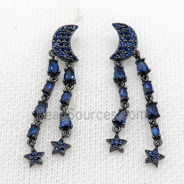 copper Moon Stud Earring pave blue zircon tassel black plated