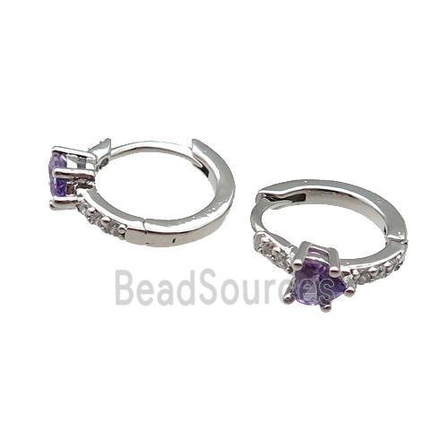 copper Hoop Earring pave zircon purple heart platinum plated