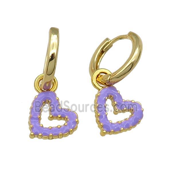 copper Hoop Earring lavender enamel heart gold plated