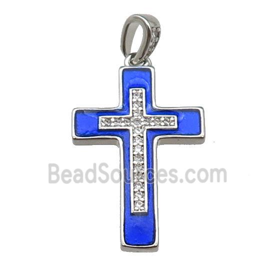 copper Cross pendant pave zircon blue enamel platinum plated