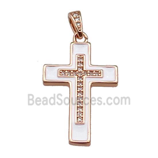 copper Cross pendant pave zircon white enamel rose gold