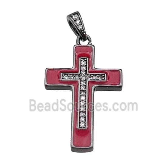 copper Cross pendant pave zircon red enamel black plated