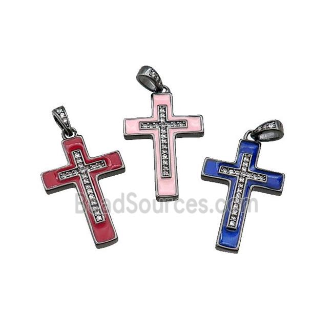 mix copper Cross pendant pave zircon enamel black plated