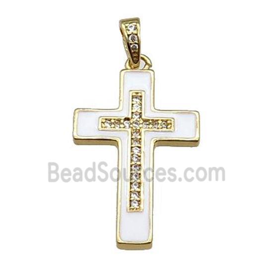 copper Cross pendant pave zircon white enamel gold plated