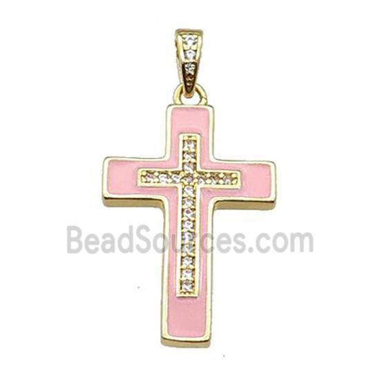 copper Cross pendant pave zircon pink enamel gold plated