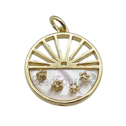 copper circle pendant pave zircon white shell sun gold plated