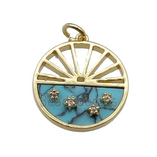 copper circle pendant pave zircon blue turquoise sun gold plated