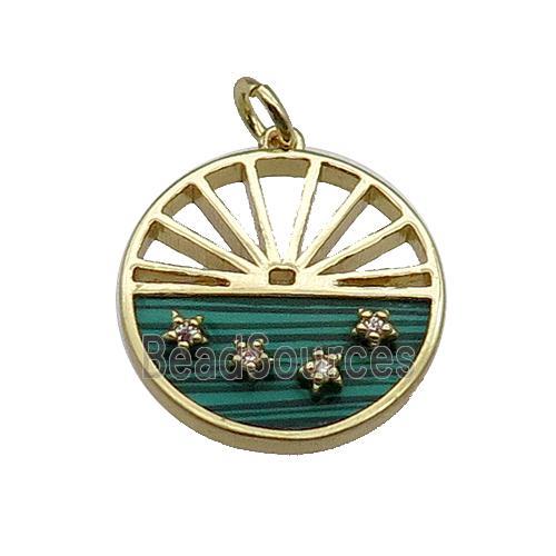 copper circle pendant pave zircon malachite sun gold plated