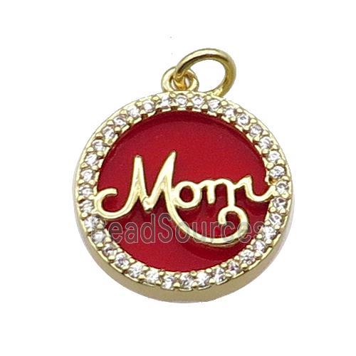 copper circle MOM pendant pave zircon red stone gold plated