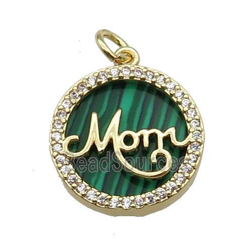 copper circle MOM pendant pave zircon malachite gold plated