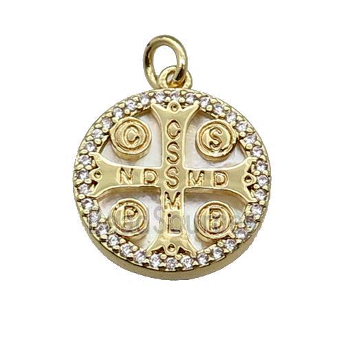 copper circle cross pendant pave zircon shell Saint Benedict gold plated