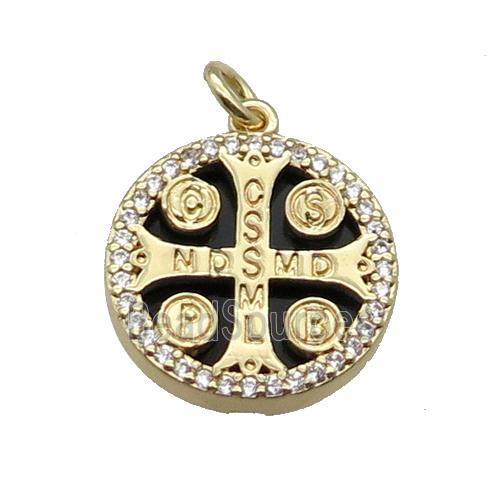 copper circle cross pendant pave zircon black stone Saint Benedict gold plated