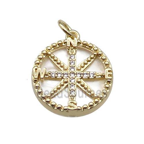 copper Compass pendant pave zircon shell gold plated